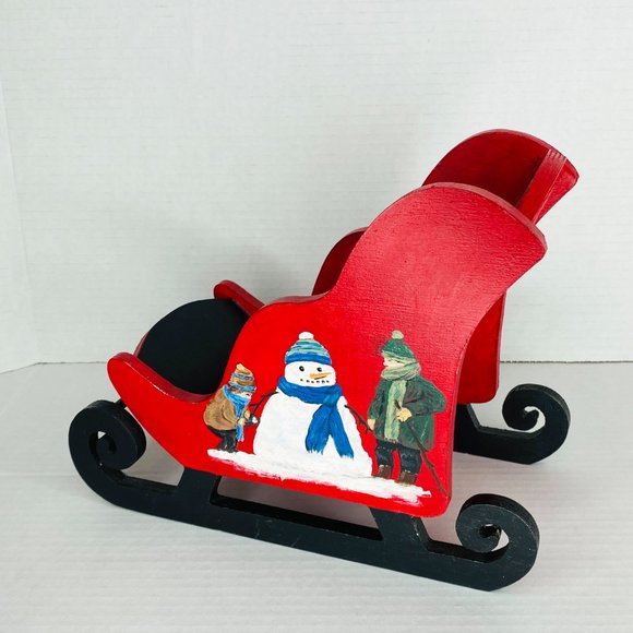 Wood Hand Painted Santa Sleigh Christmas Decor Table Plant Basket - Picture 3 of 6